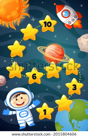 Space. Cosmonaut, rocket, sun, moon.  Write the missing numbers. Worksheet for kindergarten and preschool