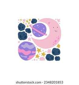 Space and cosmos abstract elements. Astronomy and Stellar composition. Modern trendy Matisse minimal style. Universe and Galaxy poster, invite.
