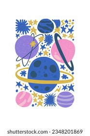Space and cosmos abstract elements. Astronomy and Stellar composition. Modern trendy Matisse minimal style. Universe and Galaxy poster, invite.