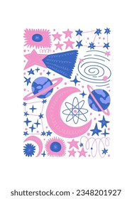 Space and cosmos abstract elements. Astronomy and Stellar composition. Modern trendy Matisse minimal style. Universe and Galaxy poster, invite.