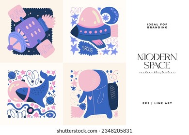 El espacio y el cosmos son elementos abstractos. Astronomía y composición estelar. Moderna moda Matisse minimalista. Afiche del Universo y Galaxy, invitación.