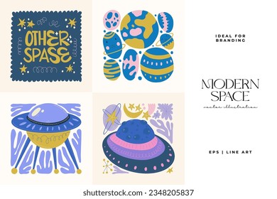 Space and cosmos abstract elements. Astronomy and Stellar composition. Modern trendy Matisse minimal style. Universe and Galaxy poster, invite.