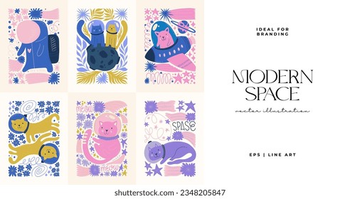 Space and cosmos abstract elements. Astronomy and Stellar composition. Modern trendy Matisse minimal style. Universe and Galaxy poster, invite.
