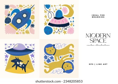 Space and cosmos abstract elements. Astronomy and Stellar composition. Modern trendy Matisse minimal style. Universe and Galaxy poster, invite.