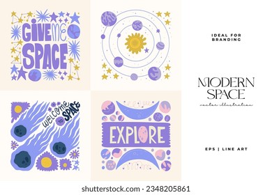 Space and cosmos abstract elements. Astronomy and Stellar composition. Modern trendy Matisse minimal style. Universe and Galaxy poster, invite.