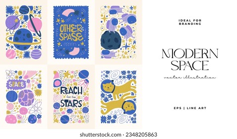 Space and cosmos abstract elements. Astronomy and Stellar composition. Modern trendy Matisse minimal style. Universe and Galaxy poster, invite.