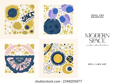 Space and cosmos abstract elements. Astronomy and Stellar composition. Modern trendy Matisse minimal style. Universe and Galaxy poster, invite.