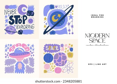 Space and cosmos abstract elements. Astronomy and Stellar composition. Modern trendy Matisse minimal style. Universe and Galaxy poster, invite.