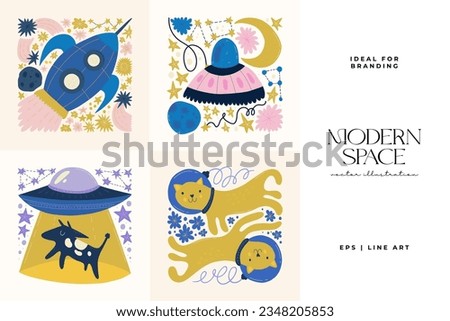 Space and cosmos abstract elements. Astronomy and Stellar composition. Modern trendy Matisse minimal style. Universe and Galaxy poster, invite.