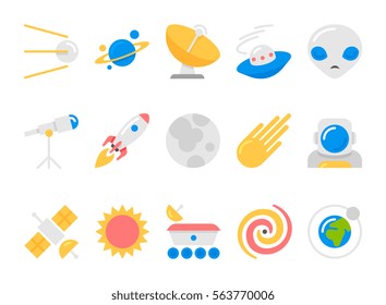 space cosmos and astronomy flat icons set with universe satellite sputnik rocket astronaut pictogram