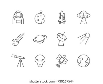 Space, cosmos, astronomy related line icons set with spaceman, moon, rocket, UFO, meteorite, Saturn, satellite, telescope, alien, earth.