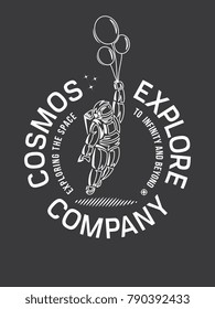 Space cosmos exploration vector illustration white on black background depicting a spaceman with balloons