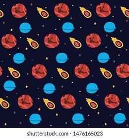 Space, cosmos flat hand drawn seamless pattern. Galaxy exploration cartoon illustration.  Childish wallpaper, textile, texture design