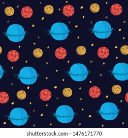 Space, cosmos flat hand drawn seamless pattern. Galaxy exploration cartoon illustration.  Childish wallpaper, textile, texture design