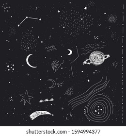 Space, cosmos flat hand drawn seamless pattern. Galaxy exploration cartoon illustration. Stars,planets, comets scandinavian style background. Creative wallpaper, textile, texture design.
