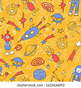 Space, cosmos flat hand drawn seamless pattern. Galaxy exploration cartoon illustration. Stars, rockets, planets, comets scandinavian style background. Childish wallpaper, textile, texture design
