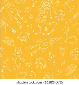 Space, cosmos flat hand drawn seamless pattern. Galaxy exploration cartoon illustration. Stars, rockets, planets, comets, aliens. Childish wallpaper, textile, texture design