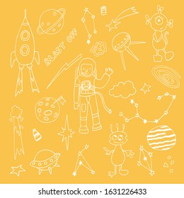 Space, cosmos flat hand drawn pattern. Galaxy exploration cartoon illustration. Stars, rockets, planets, comets scandinavian style background. Childish wallpaper, textile, texture design
