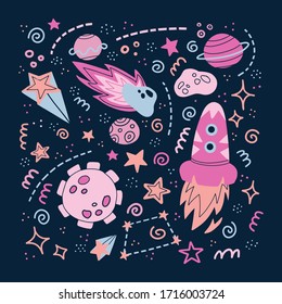 Space, cosmos flat hand drawn composition. Galaxy exploration cartoon illustration. Stars, rockets, planets, comets scandinavian style background. Childish wallpaper, textile, texture design