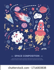 Raum, Kosmos flach handgezeichnet Komposition. Galaxy Exploration Cartoon Illustration. Sterne, Raketen, Planeten, Kometen skandinavischer Hintergrund. Kinderbettwäsche, Postkarte oder Stoffdesign.