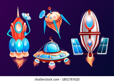 Space or cosmos icons for cartoon game. Rocket, satellite, spaceship, ufo icons at dark background. Set or collection space game elements. Space theme, galaxy concept. Colorful vector icons