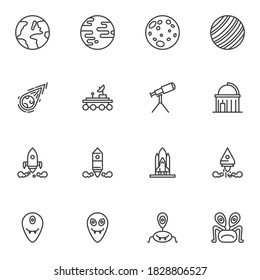 Space, cosmos line icons set, outline vector symbol collection, linear style pictogram pack. Signs logo illustration. Set includes icons as planets, meteor, moon rover, telescope, space shuttle rocket