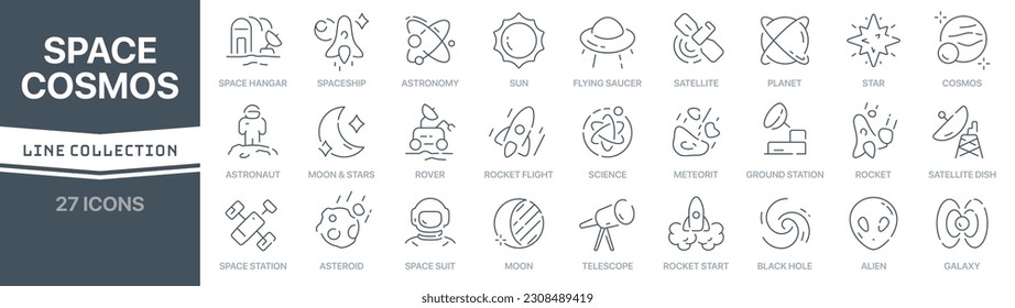Space and cosmos linear signed icon collection. Signed thin line icons collection. Set of space and cosmos simple outline icons