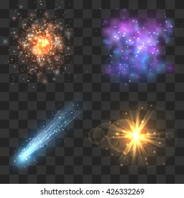 Space cosmos objects, comet, meteor, stars explosion on transparence checkered background. Universe explosion or fly star, meteor light and asteroid in universe. Vector illustration