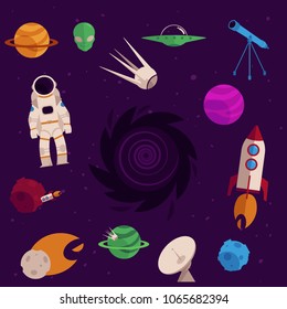 Space, cosmos objects icon set. Planet with ring, craters, comet, satellite asteroid or meteor, spaceman, suit, rocket, spacecraft, alien face black hole. Astronomy galaxy exploration design vector
