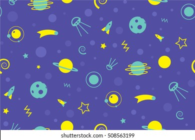 Space cosmos pattern on purple background with blue and yellow planets and spaceship