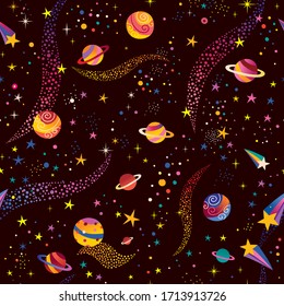 space cosmos planets stars seamless pattern