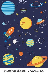  Raum- und Kosmos-Poster.Bunte Planeten mit Ringen, Krater auf dunklem Hintergrund mit Sternen, Asteroiden. Raum- und Astronomiekonzept. Vektorgrafik für Tapete, Design.