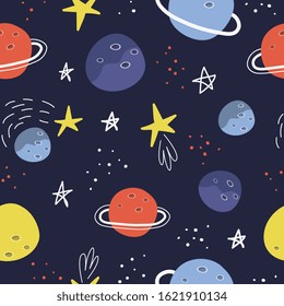 Space, cosmos. Seamless illustration of space with rockets, planets and stars. Scandinavian style background, hand drawing. Children's Wallpaper, textiles, texture design