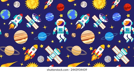 Space cosmos seamless pattern with astronaut and planets