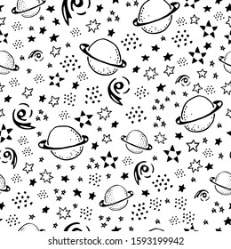 Space cosmos seamless pattern on white background. Bicolor print with Saturn, stars, decorative black elements. Doodle style vector backdrop. Design for textile, paper