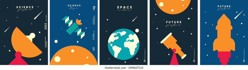 Space. Cosmos. Set of vector illustrations. Wallpaper, poster, cover. Simple flat illustrations about space and the science of the 
 universe. 