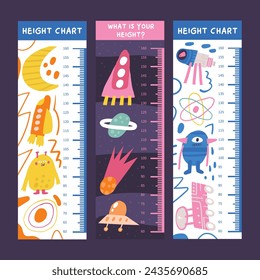 Space, cosmos, universe kid height measurement, centimeter, chart with spaceship, alien, galaxy, comet, ufo rocket planet telescope moon rover