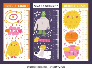 Space, cosmos, universe kid height measurement, centimeter, chart with cosmonaut, spacecraft, alien, meteorite, sun, planets Venus Saturn stars galaxy solar system