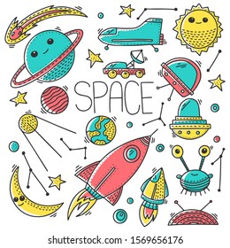 Space and cosmos, vector concept in doodle style. Hand drawn illustration for printing on T-shirts, postcards. Icon and logo idea.
