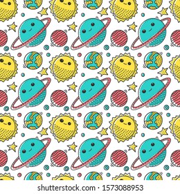 Space and cosmos vector concept in doodle style. Hand drawn illustration for printing on T-shirts, postcards. Seamless pattern for textile, paper wrap. Texture background.