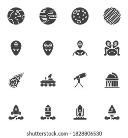 Space, cosmos vector icons set, modern solid symbol collection, filled style pictogram pack. Signs logo illustration. Set includes icons as planets, meteor, moon rover, telescope, space shuttle rocket