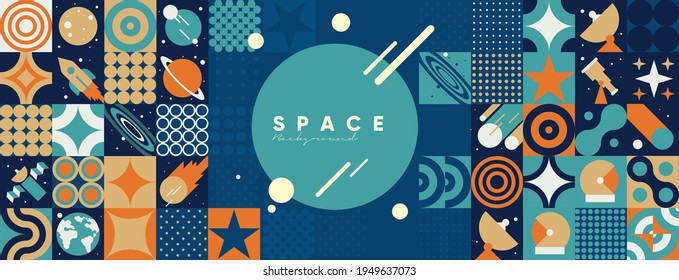 Space. Cosmos. Vector illustrations. Abstract backgrounds, patterns on the theme of space. Minimalistic vintage postcards. Wallpaper, poster, cover.