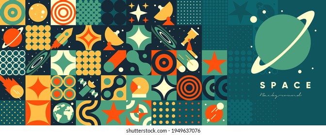 Space. Cosmos. Vector illustrations. Abstract backgrounds, patterns on the theme of space. Minimalistic vintage postcards. Wallpaper, poster, cover.