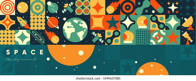 Space. Cosmos. Vector illustrations. Abstract backgrounds, patterns on the theme of space. Minimalistic vintage postcards. Wallpaper, poster, cover.