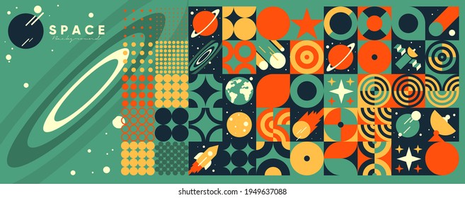 Space. Cosmos. Vector illustrations. Abstract backgrounds, patterns on the theme of space. Minimalistic vintage postcards. Wallpaper, poster, cover.