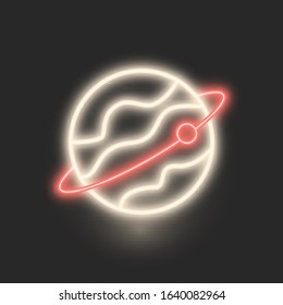 Space cosmos white  and red neon symbol in vintage style on dark background. Vector colorful Planet with Satellite Neon Symbol .