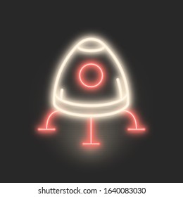Space cosmos white  and red neon symbol in vintage style on dark background. Vector colorful Spaceship Neon Symbol.