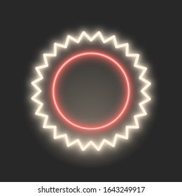 Space cosmos white and red neon symbol in vintage style on dark background. Vector colourful Sun Neon Symbol.