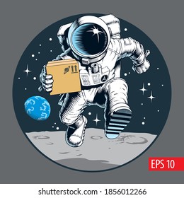 Space courier running. Super fast delivery service, astronaut holding package or cardboard box. Shipping cargo to space. Vector illustration.