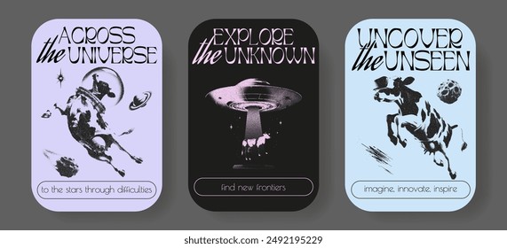 Space cow, astronaut, galaxy travel posters set photocopy effect. Vector illustrations of universe, ufo, spaceship, planet, future grunge stippling grain messy texture. For poster design, t shirt